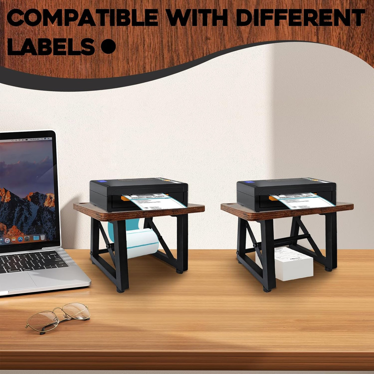Label Holder for Thermal Printer,Sticker Rolls and Fan-fold Dispenser Holder,Wooden Label Holder for Shipping Label Printer,Office Accessories for Home,Small Business,Warehouse (Retro Color)