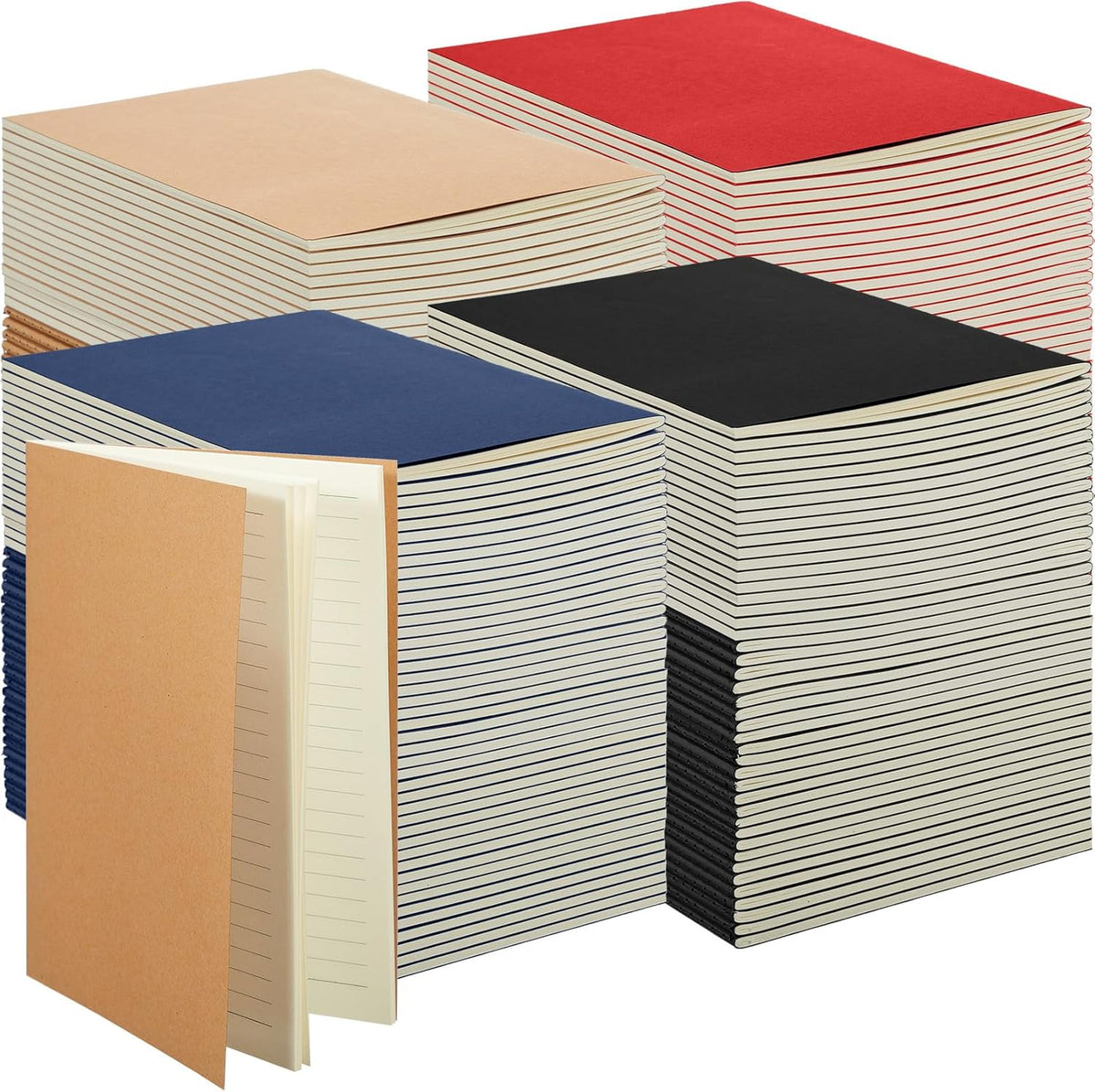 100 Pcs Kraft Notebook Journals 5.5 Inch x 8.3 Inch A5 Softcover Notebooks Bulk for Writing Sketch Office Notepad with 60 Pages 30 Sheets(Black, Brown, Red, Navy,Lined)