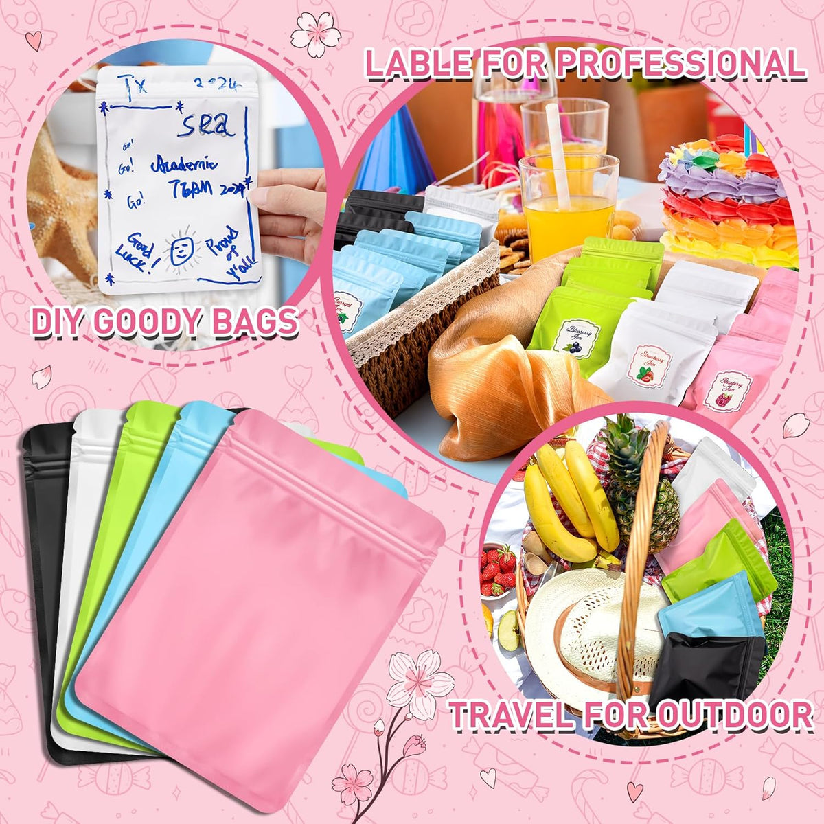 Funfery 100 Pack Pink Mylar Packaging Bags Resealable Bags Double Sided Color Odor Proof Pouch Baggies Smell Proof Foil Bag for Food Storage,Small Business(Pink,6.3x9.4inch)