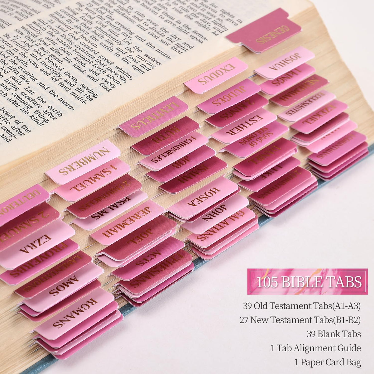 Laminated Bible Tabs, Gold Foil Embossed Lettering Bible Chapter Index Tabs for Women Men, Reposition Large Print Sticky Labels, Easy to Read and Apply, 105Chapters Labels for Easy Navigation (Pink)