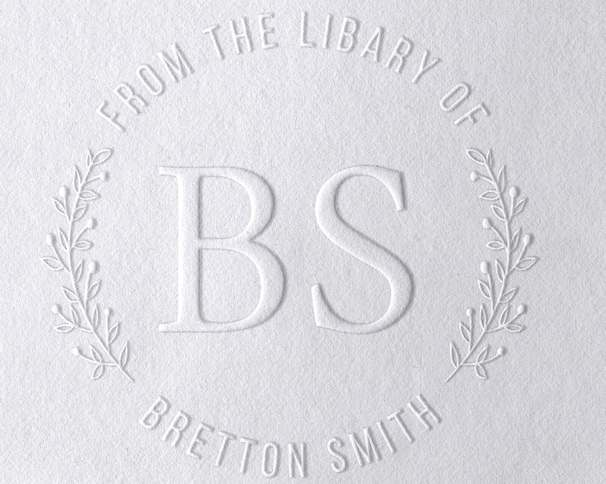 Pickled Stamps 10+ Designs Custom Book Embosser with Your Name from The Library of, Belongs to, Floral Ex Libris, Great Book Lover Gift 1 x 5/8" (Initials) (2")