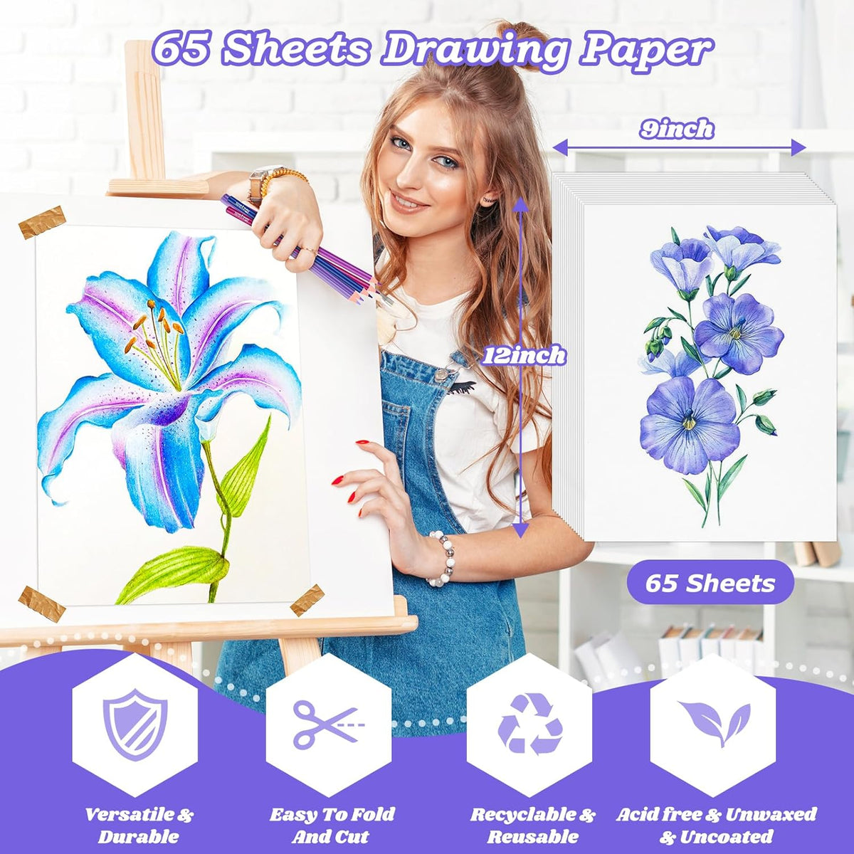 Drawing Paper, 9" x 12" Craft Art Paper, 65 Sheets (68lb/100gsm) Artist Sketching Drawing Easel Poster Paper Bulk, Art Supplies for Kids Adults, Arts & Crafts, White Construction Coloring