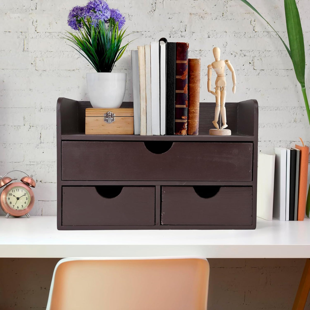 Besti Wooden Office Desk Organizer - Organizing Tool for Desktop, Cubicle, Bedroom, Kitchen - Vintage Style Organization Caddy with Top Tray Shelf & 3 Drawers - 13.6x9x7 Inches (Dark Brown)