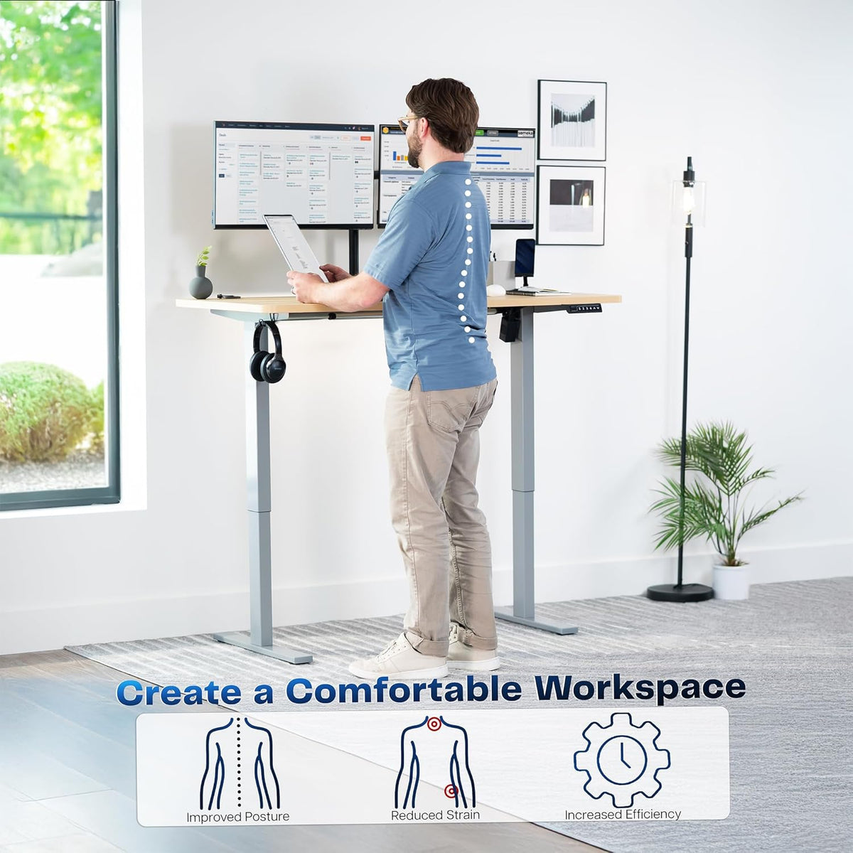 VIVO Electric 55 x 28 in Standing Desk, Memory Height Adjustment, 1B Series, One-Piece Light Wood Top, Gray Frame, DESK-KIT-1G55C