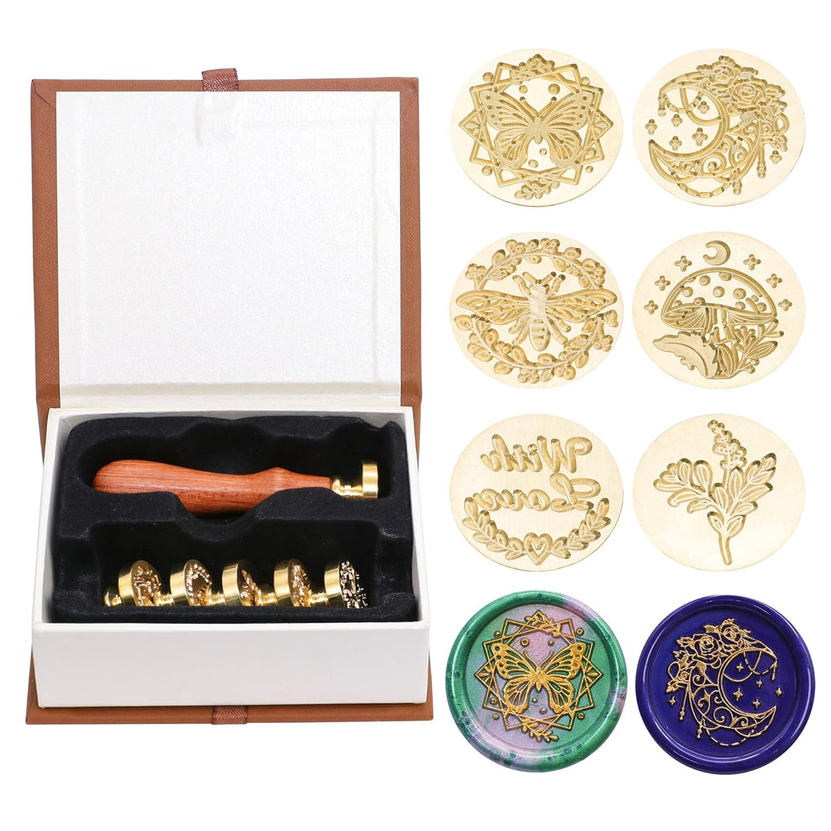 SWANGSA Wax Seal Stamp Set, Vintage 6 Pieces Sealing Wax Stamp Heads and 1 Wooden Handle for Wedding Party Invitations, Letters, Envelopes, Christmas (with Love Bee Monn Eucalyptus Set)