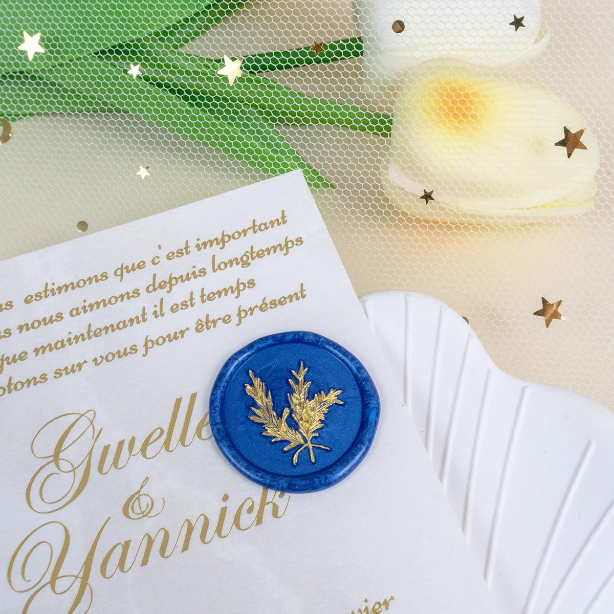 25Pcs Gold & Blue Wax Seal Stickers Handmade Envelope Seals Self Adhesive Wax Stickers for Wedding Party Invitations, Envelope, Gift Wrap, Christmas(Gold Rosemary Style, Blue Wax)