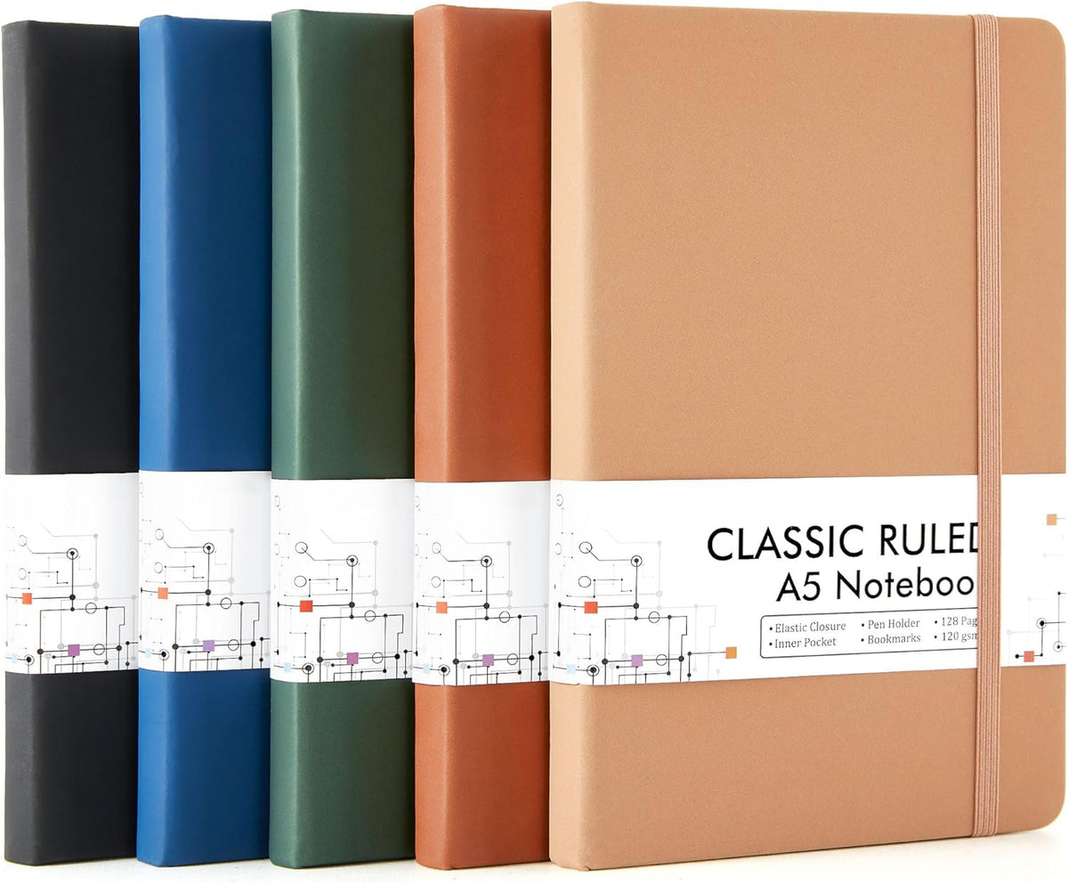 feela Journal Notebook Bulk for School, Hardcover Business Classic Ruled Lined Journals with Pen Holder for Work Office Journaling, with 5 Black Pens, 120 GSM, 5.1”x8.3”, 5 Pack, A5, Vintage Colors