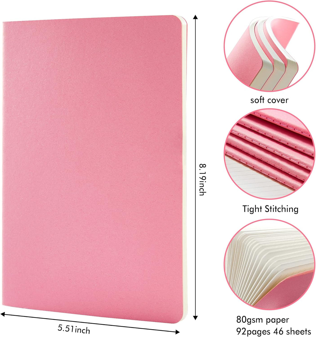 8 Pack Soft Cover Journal Bulk, Feela Notebooks College Ruled for Work, Lined Travel Journal for Women Men, Note Taking Notebook School Supplies Business Writing, 8.2” x 5.5”, A5, Pink