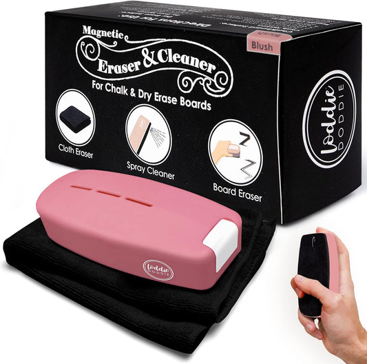 Loddie Doddie 2-in-1 Magnetic Pink Dry Erase Board Eraser - Blush Ergonomic TPE - Magnetic Holder for Whiteboard & Chalkboard - Non-Toxic Cleaner Spray & Bonus Microfiber Cloth - Teacher Supplies