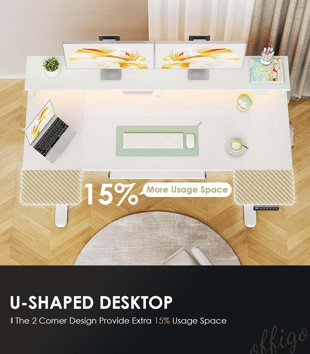 OffiGo U Shaped Electric Standing Desk with Keyboard Tray, 55 Inch Height Adjustable Desk with Power Outlets & LED Lights, Sit Stand Table with Monitor Stand for Home, Office, White