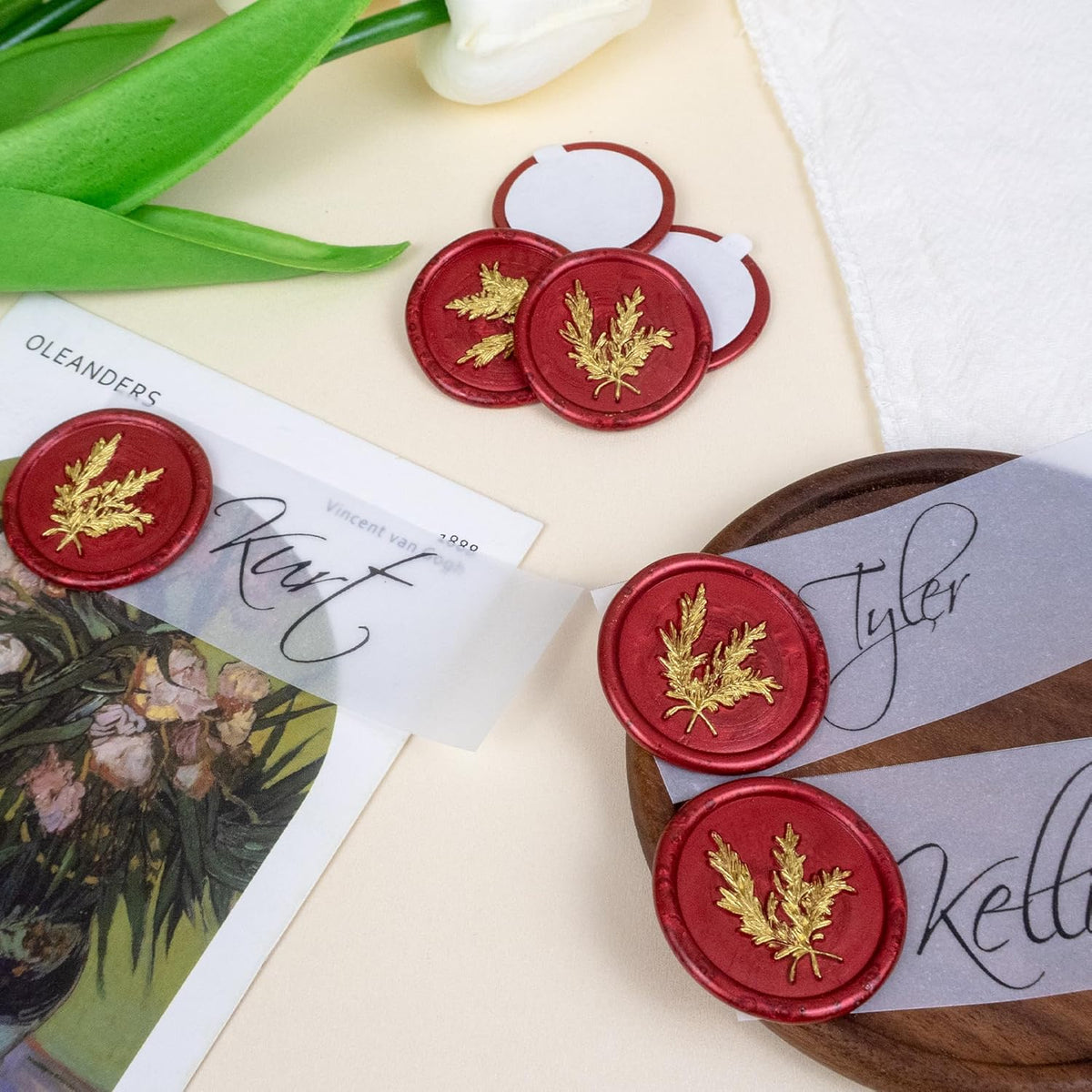 25Pcs Gold & Red Wax Seal Stickers - Handmade Envelope Seals, Self-Adhesive Wax Stickers for Wedding Party Invitations, Envelope, Gift Wrap, Christmas (Gold Rosemary Style, Red)