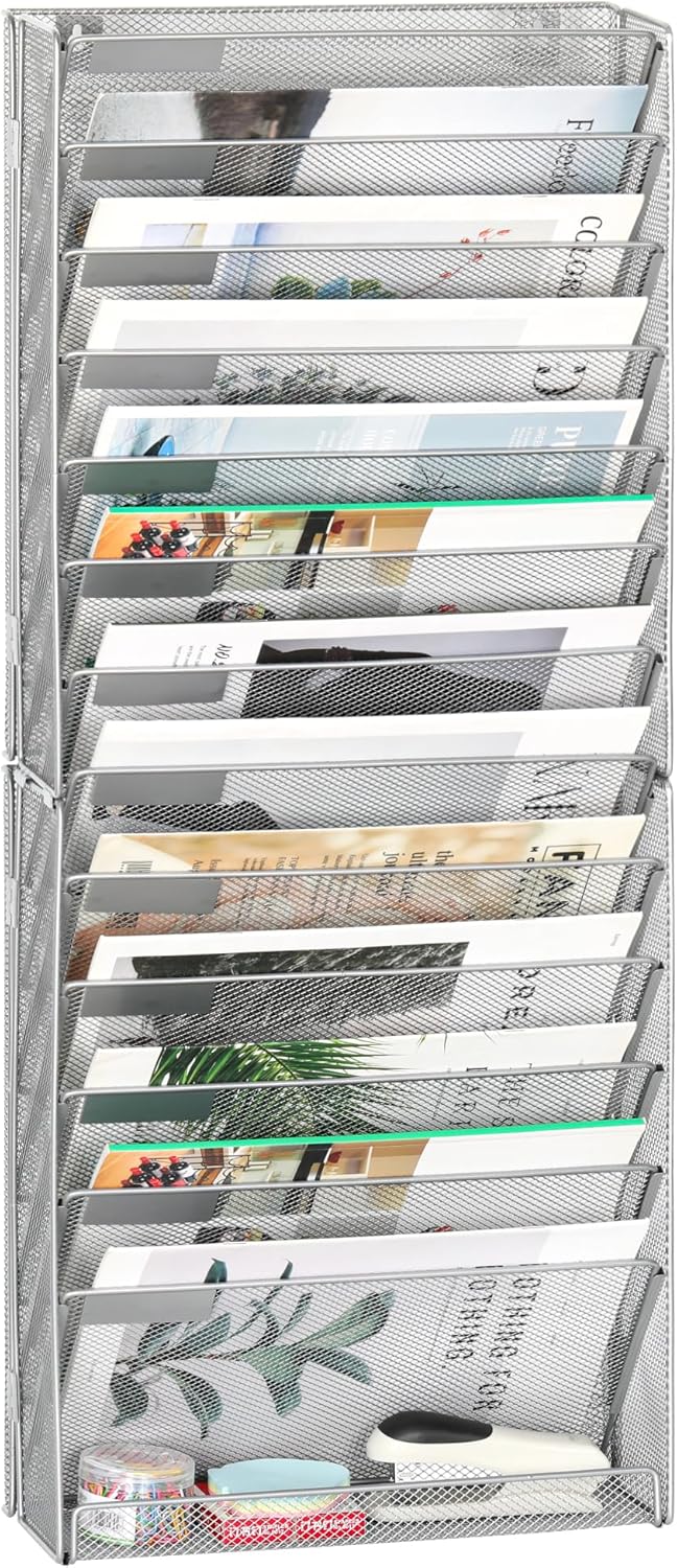 EasyPAG Wall File Holder Organizer 14 Tier Mesh Hanging Wall Mounted Document Paper Folder Filing Magazine Rack with Nametag Label for Office Home School, Silver