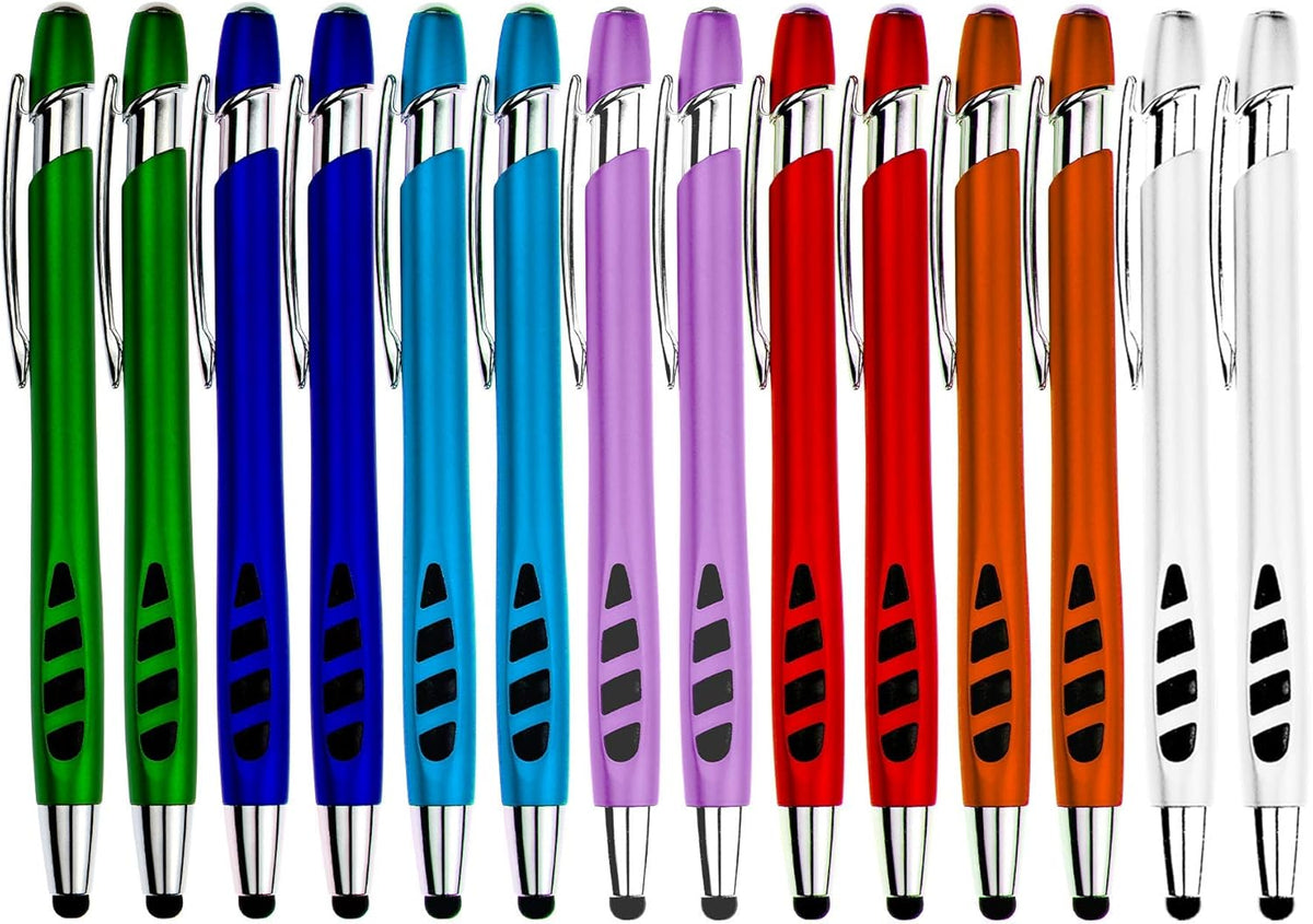 Stylus Pen for Touch Screens & Writing Pens, with Sensitive Stylus Tip - 2 in 1, for Your iPad, iPhone, Kindle, Nook, Samsung Galaxy, Tablets & Phones - Assorted Barrel Colors, Black Ink, 14 Pack
