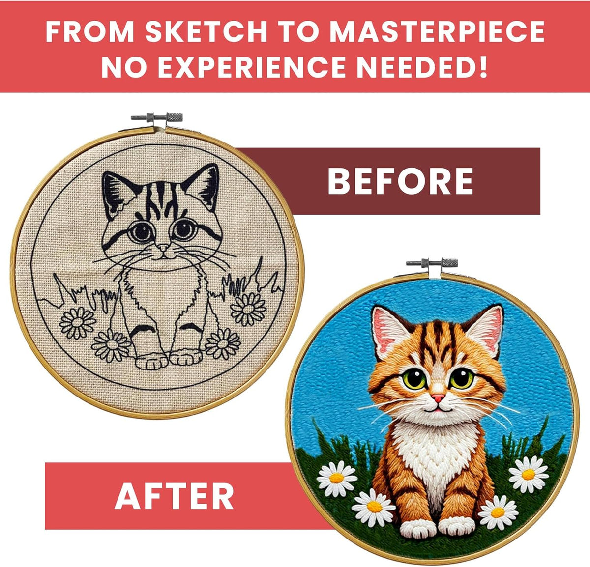 Eflin Punch Needle Kits Adults Beginner - Needlepoint Kits for Adults, Cute Cat & Daisy Pattern, Natural Bamboo Hoop, Yarns, Tools, Craft Kits for Beginners, Rare Gift for Crafts, Decors, Festivals