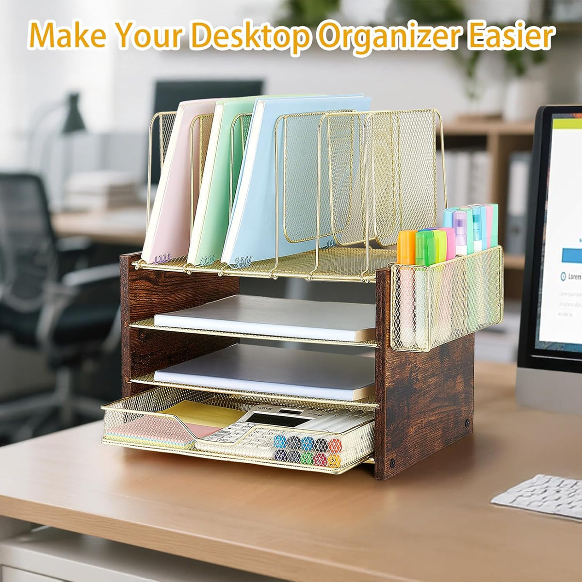 Gold Desk Organizers and Accessories,4-Tier Desktop File Organizer with Drawer, Wood Paper Organizer with 5 Vertical File Holders and Pen Holder for Office Supplies