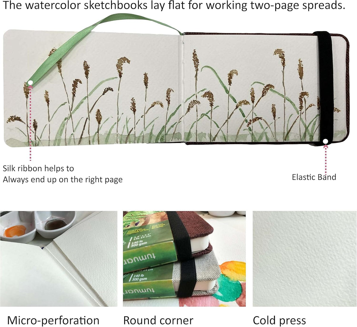 tumuarta Watercolor Journal, 8.25x5.5, 140 LB, 300 GSM, Cotton Paper, Cold Press, 24 Sheets, 48 Pages, Watercolor Paper Sketchbooks for Use As Travel Notebook and Mixed Media Pad