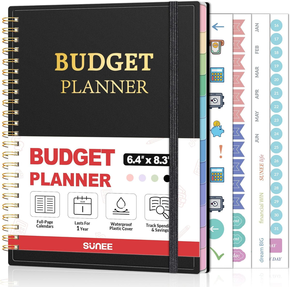 SUNEE Budget Planner - Monthly Budget Book with Expense Tracker Notebook, Undated 12 Month Bill Organizer & Finance Planner to Manage Your Money, A5(6.4" x 8.3") Account Book with Colorful Tab, Black
