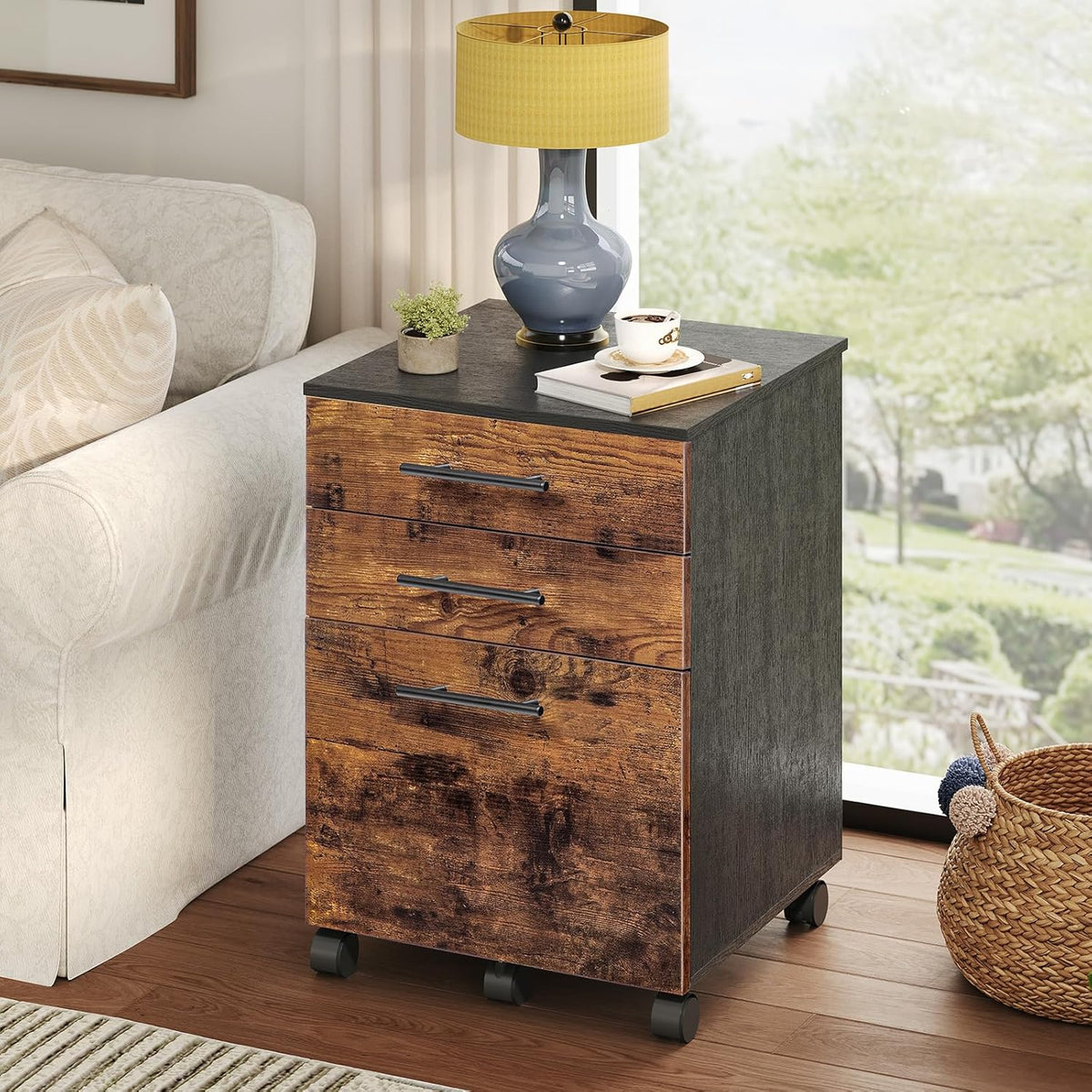 HOOBRO 3-Drawer File Cabinet, Wooden Under Desk Filing Cabinet, fits A4/Letter Size for Home Office, Small Rolling Storage Drawer Chest, Printer Stand with Drawers, Rustic Brown and Black BF02WJ01G1