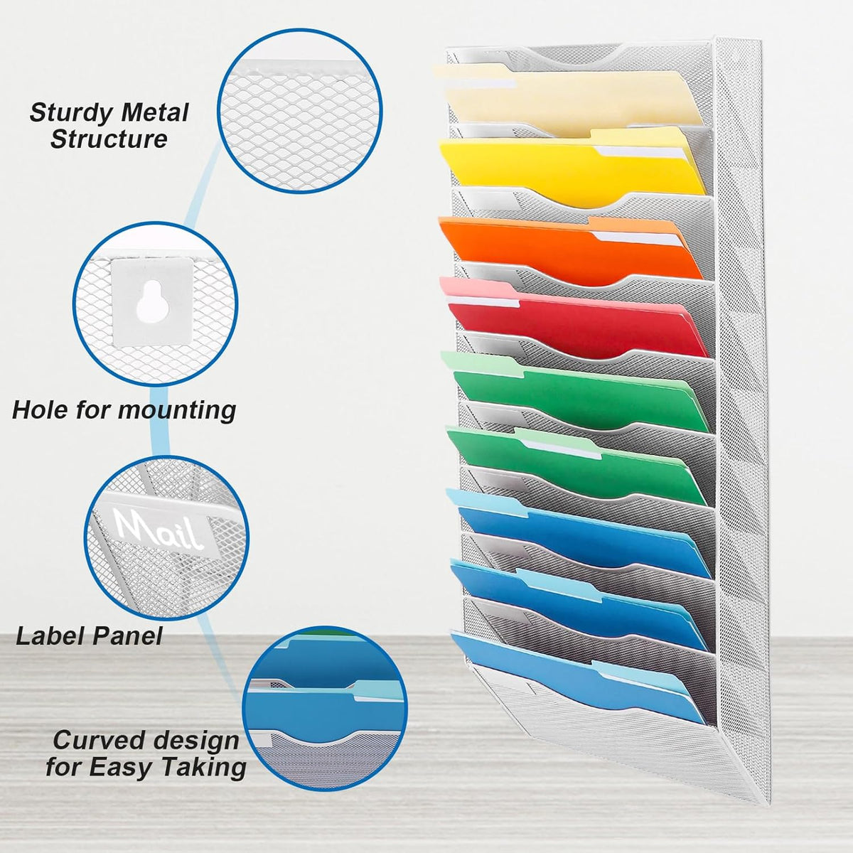 EASEPRES 10 Pocket Mesh Hanging Wall File Organizer, Wall Mounted Mail Paper Document Folder Holder, Clipboard Storage Organization Magazine Rack with Nametag Label for Office Home School, White