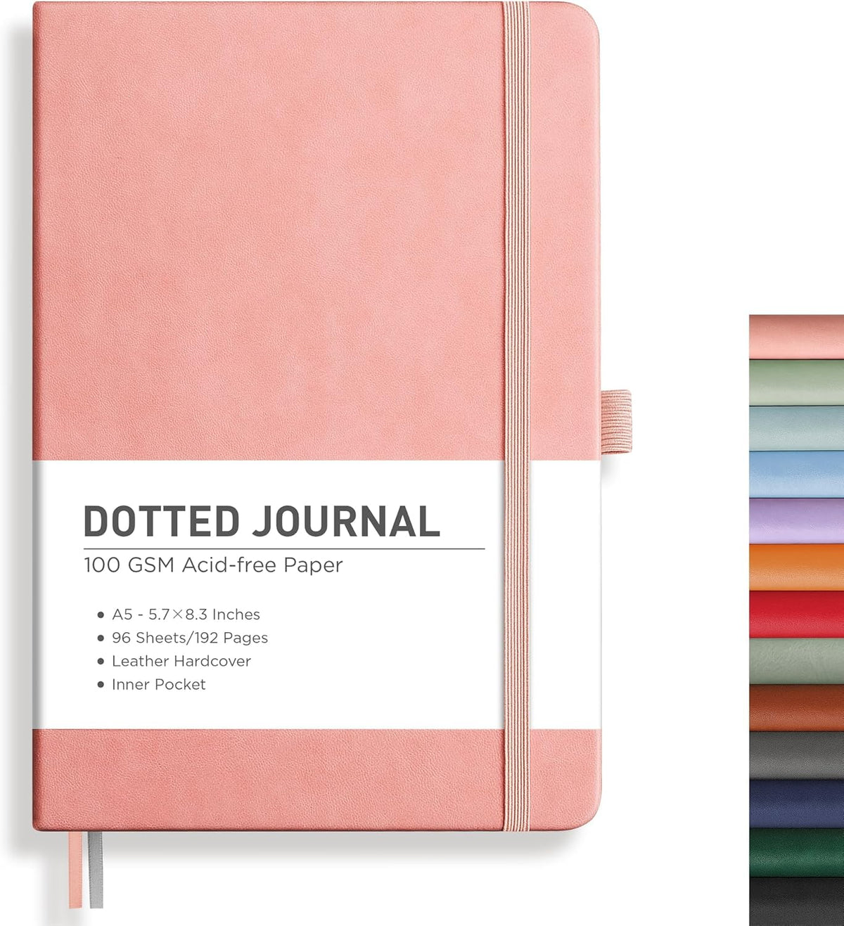 RETTACY Bullet Dotted Journal Notebook, 192 Pages, A5 Medium Size (5.7'' x 8.3''), Leather Hardcover, 100 GSM Thick Paper, for Bullet Journaling, Planning, Tracking (Pink)