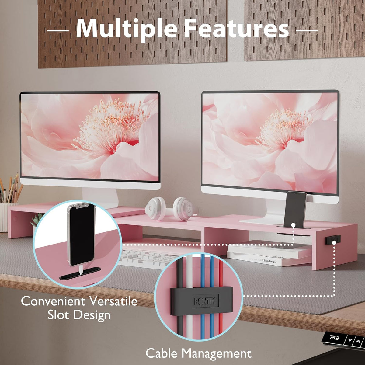 BONTEC Dual Monitor Stand for Desk, Adjustable Length and Angle Monitor Stand Riser with Smartphone Holder, Desk Shelf for Top of Desk, Computer Monitor Stand with Storage, Office Desk Organizer, Pink