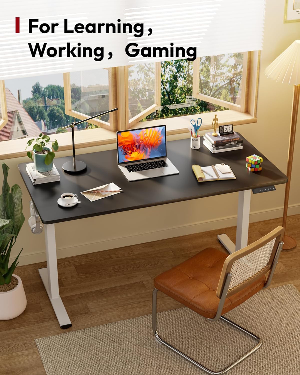 SANODESK Electric Standing Desk 55 x 28 Inches Whole-Piece Desktop Height Adjustable Stand Up Desk w/6-Button Controller Ergonomic Computer Desk for Home Office, White Frame + Black Tabletop