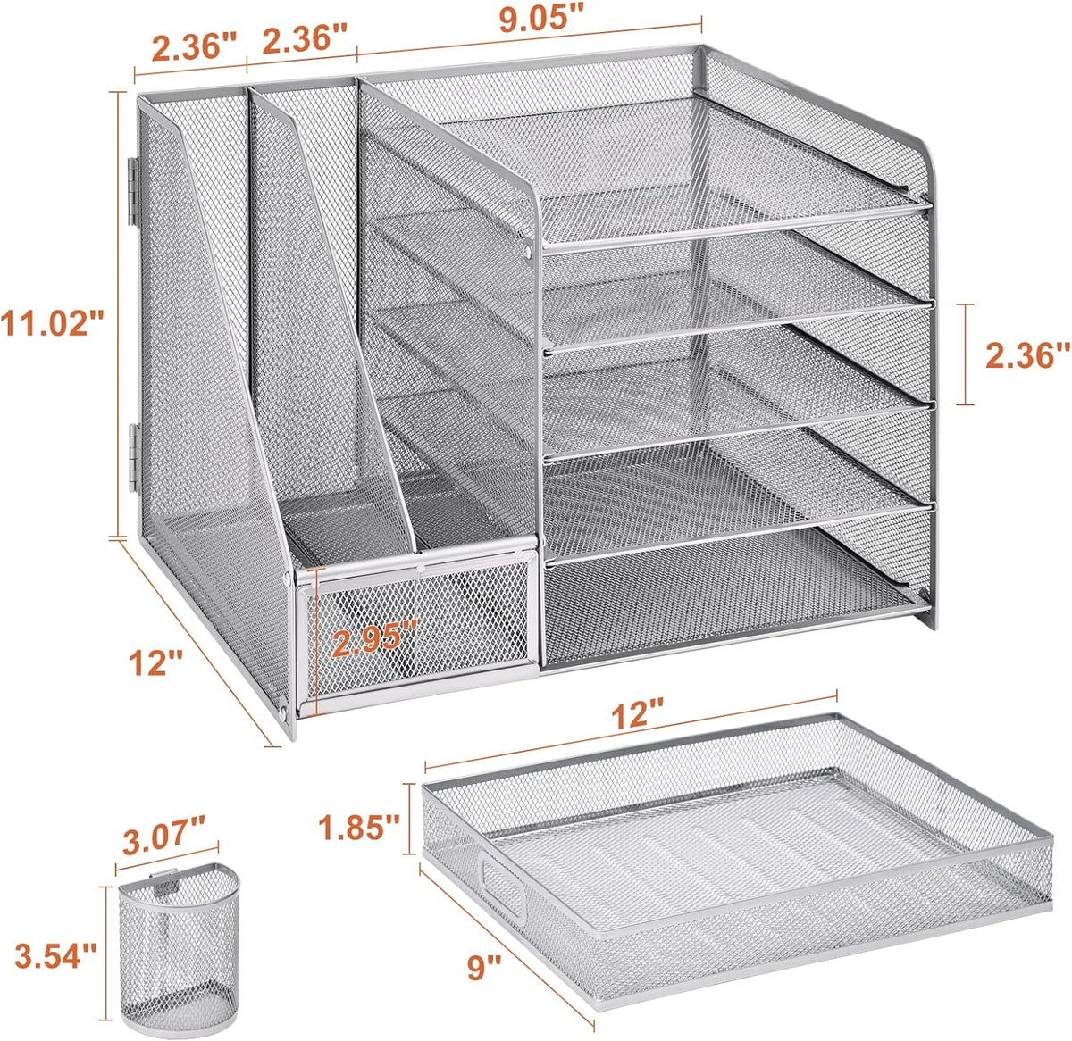 Marbrasse Desk Organizer with File Holder, 5-Tier Paper Letter Tray Organizer with Drawer and 2 Pen Holder, Mesh Desktop Organizer and Storage with Magazine Holder for Office Supplies (Silver)