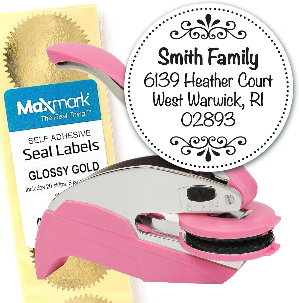 Custom Monogram Address Pink Embosser - Personalized Round Seal with 50 Gold Seal Labels - Style EM027
