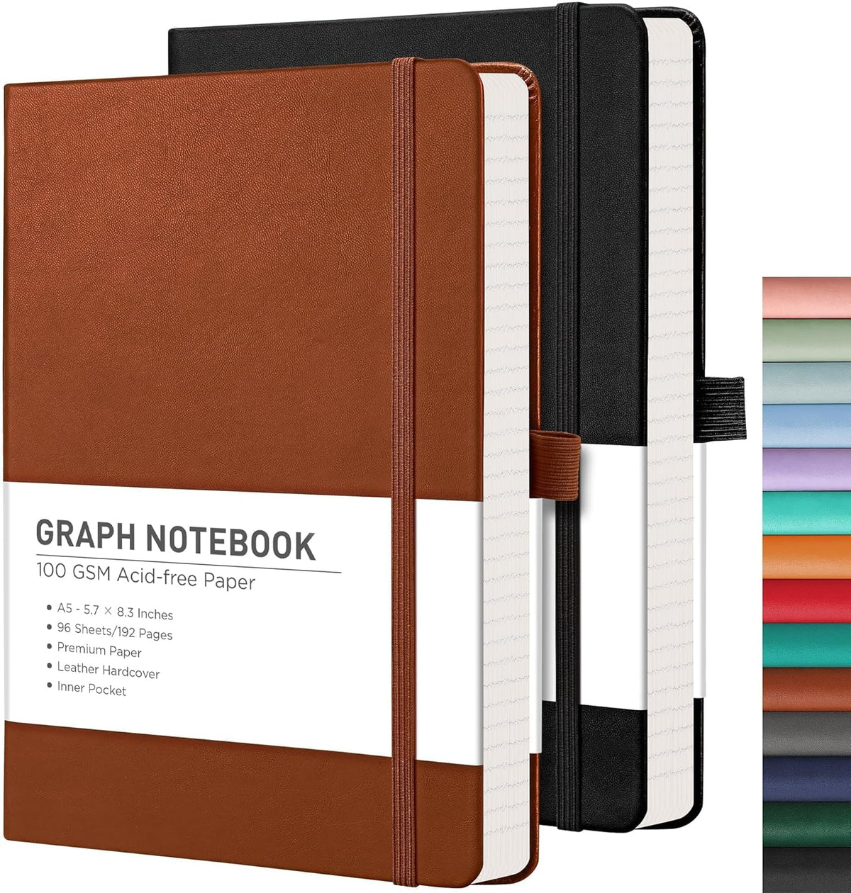 RETTACY Graph Grid Paper Notebook, 2-Pack, 192 Pages per Pack, A5 Medium Size (5.7'' x 8.3''), Leather Hardcover, 100 GSM Thick Paper, for School, Students, Math, Engineering (Black & Brown)