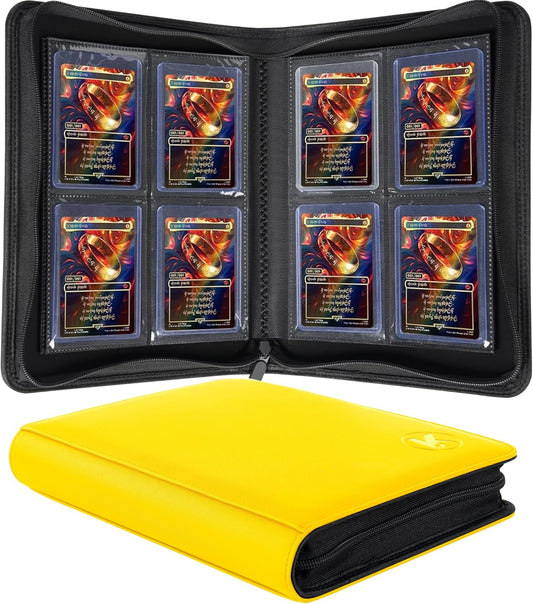 Toploader Binder, Holds 128+ Toploaders, 4 Pocket Top Loader Card Storage Case, Double-Sided Pockets for trading card in 3 x 4'' Toploaders (Yellow)