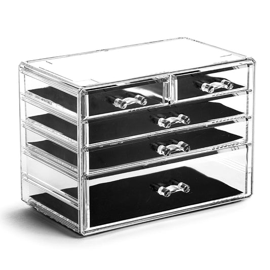 BINO THE MANHATTAN SERIES Acrylic Makeup Drawer Organizer-3 Large 2 Small Drawer | Clear Beauty Organizers and Storage| Cosmetic & Makeup Organizer | Home Organization| Jewelry & Vanity Accessories