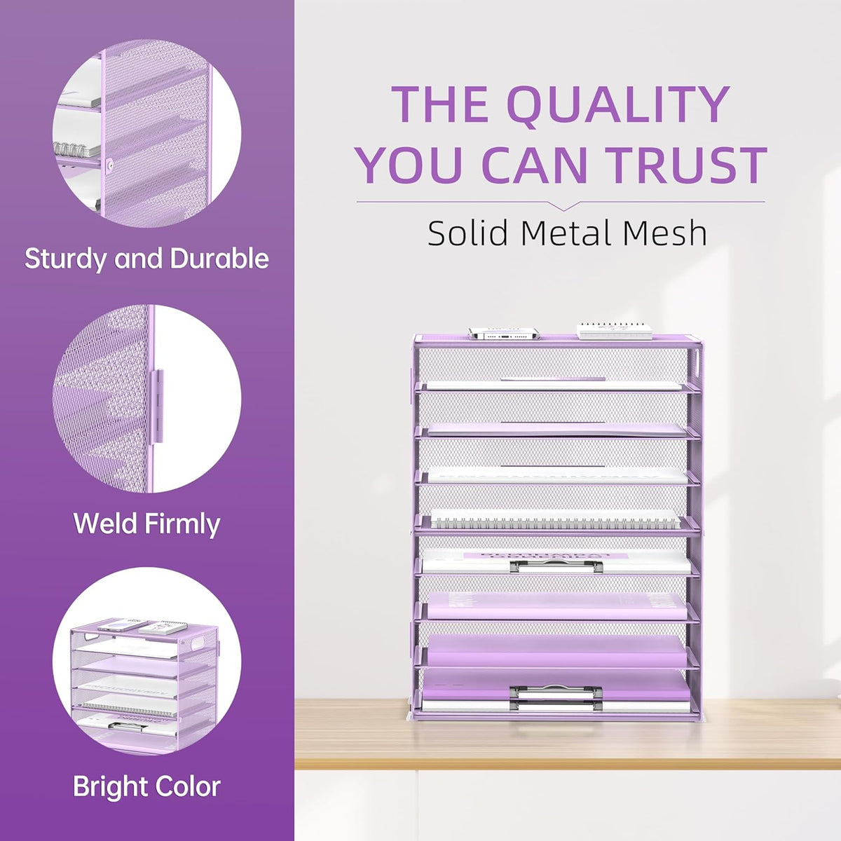 DALTACK 9-Tier Paper Letter Tray Desk Organizer with Handles, Mesh File Holder Organization, Paper Sorter Desk Organizer for Office Home School, Purple