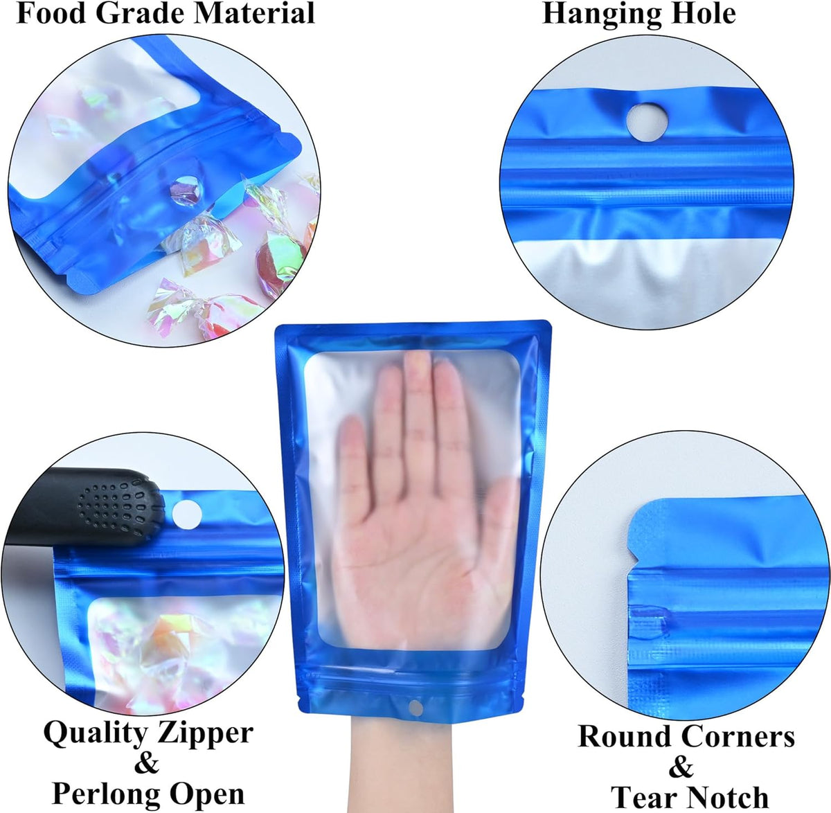 Resealable Mylar Pouch Bag Great for Office Home Party Favor Food Storage (100PCS, Blue Color, 3.5 x 6.3 inch)