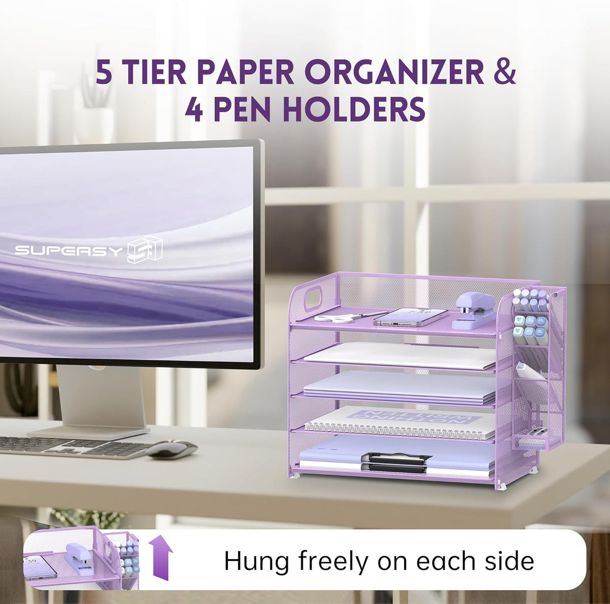 SUPEASY 5 Tier Desk Organizer with Handle & Removable Pen Holders, Mesh Paper/File Organizer for Desk, Paper Letter Tray Organizer for Office Supplies (Purple)