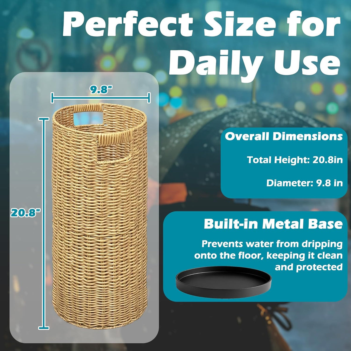Rattan Umbrella Holder 20.8" H X 10" D,Handmade Wicker Umbrella Stand Indoor with Dip Tray,Sturdy Umbrella Holders for Entryway,Umbrella Bucket Fits Mudroom,Walking Canes,Home,Office (Oak)