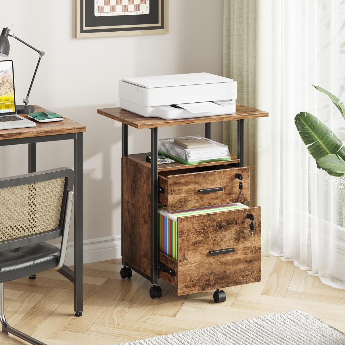 2 Wood Drawer Lockable File Cabinet with 22'' Extended Desktop, Mobile Filing Cabinet with Side Bag, Rolling Printer Stand, Fits A4&Letter Size, Home Office, Rustic Brown