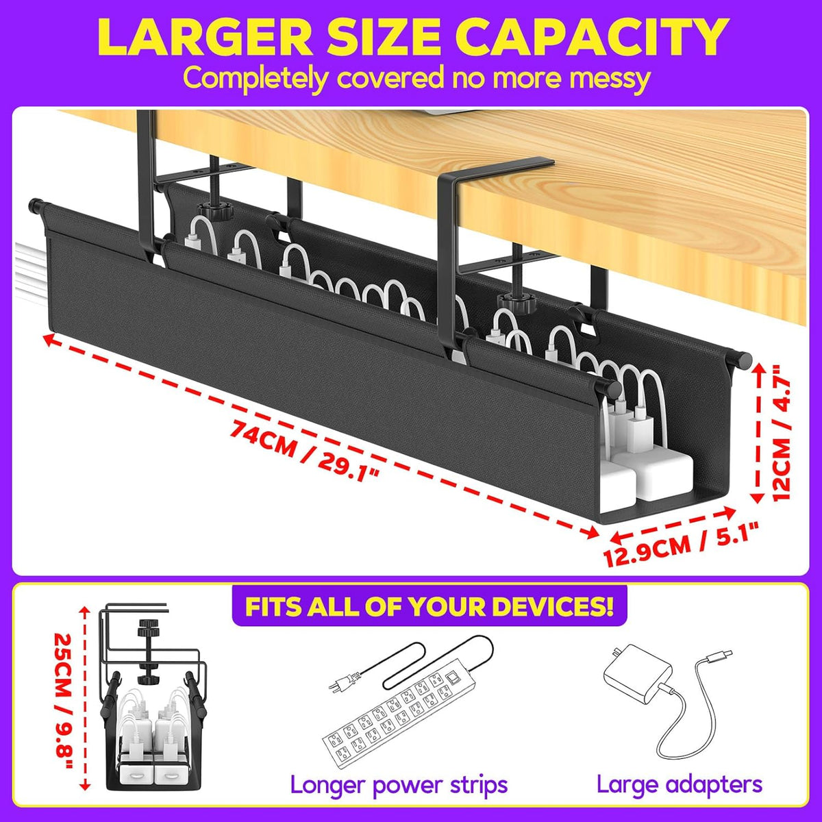 Large Under Desk Cable Management Tray, REFLYING 29.1" Cable Management Under Desk No Drill,Adjustable Clamp Cord Wire Organizer, Cord Hider for Standing Table, Wire Hider for Office,Home (Medium)