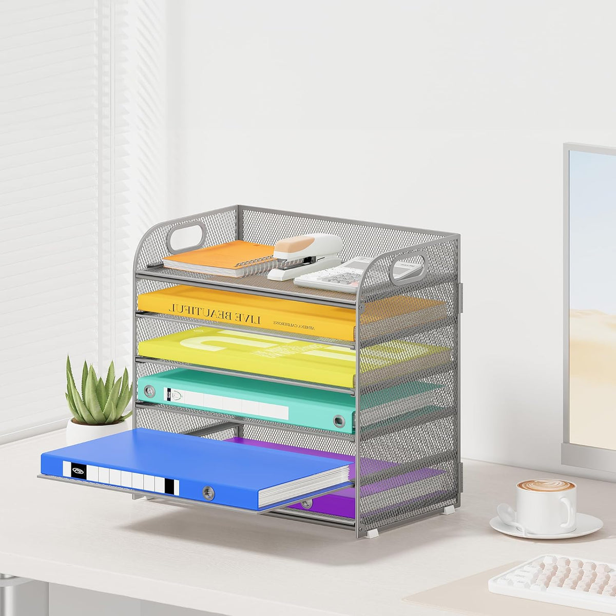6 Tier Paper Organizer with Handle, Metal Desk Organizer Mesh Paper Letter Tray Desktop File Folder Document Sorter for Classroom, School, Office Accessories Organization and Storage - Silver