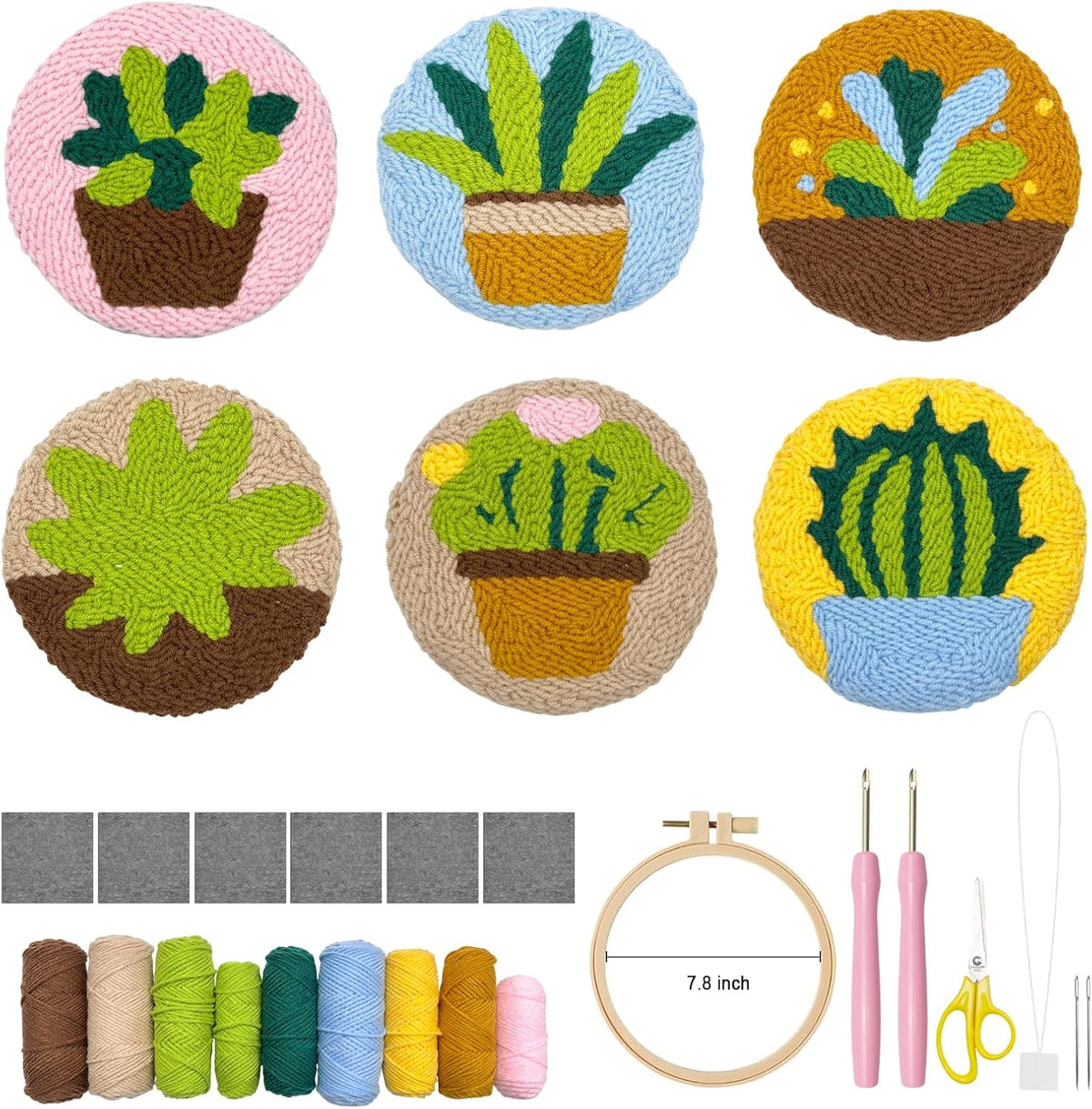 Punch Needle Kit for Adults Beginners, 6Pcs Succulent Plants Punch Coaster Starter Kit, Easy Embroidery Stitch Set with Instructions – Fun DIY Needle Point Craft for Table Decor & Festival Gifts