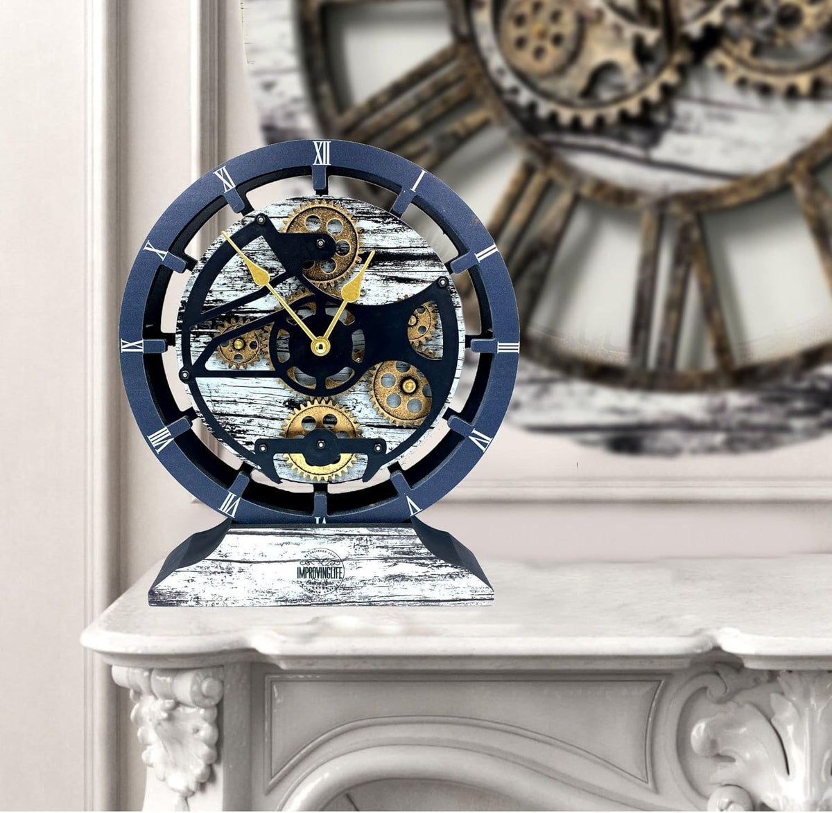 The Gears Clock Desk Clock 10 inches with Real Moving Gears Convertible into Wall Clock (Grey & White)