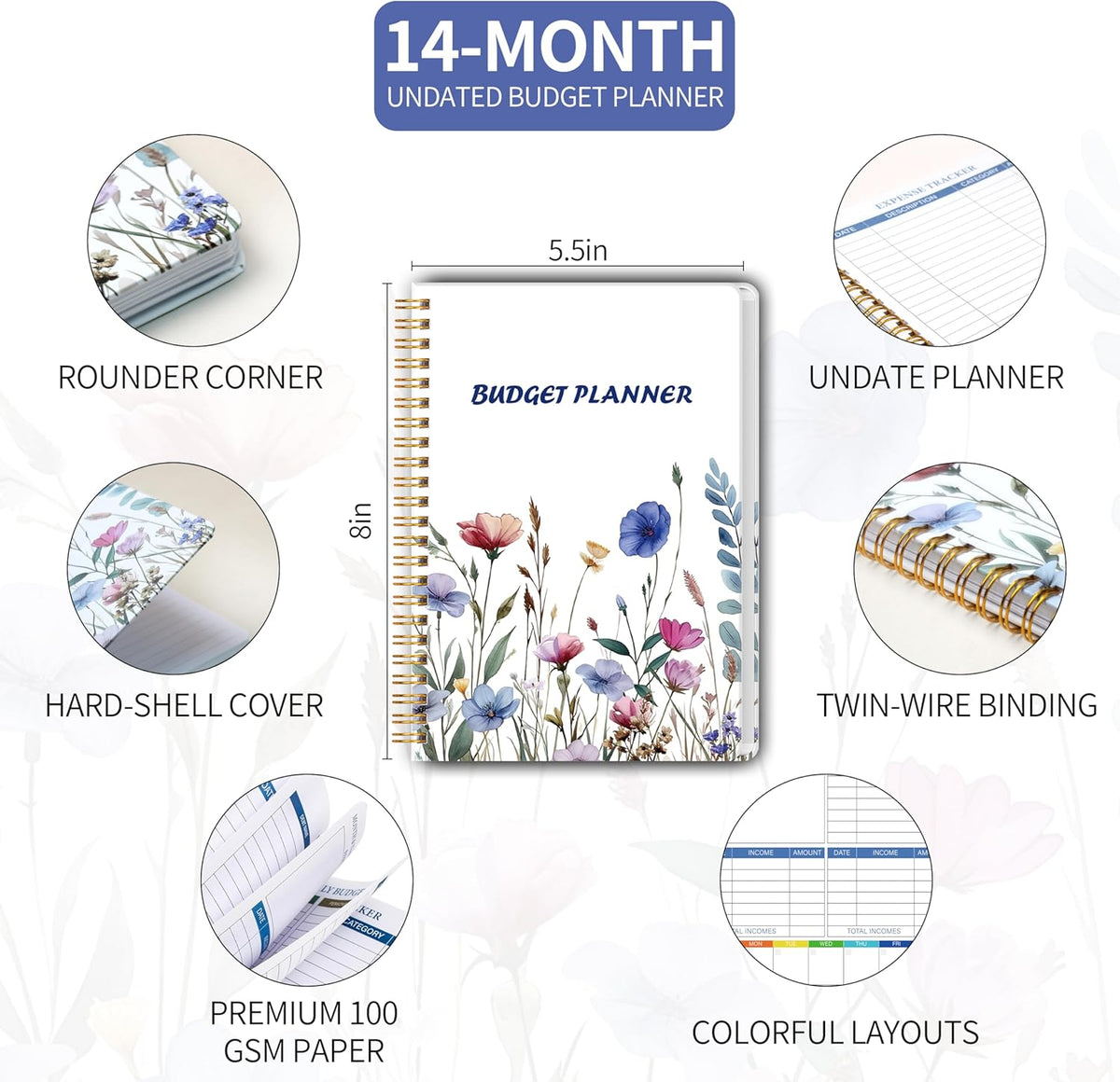 Monthly Budget Planner - 14 Months Hardcover Undated Financial Planner Organizer Budget Book with Expense and Debt Tracker Notebook to Manage Your Money Effectively, Bill Organizer
