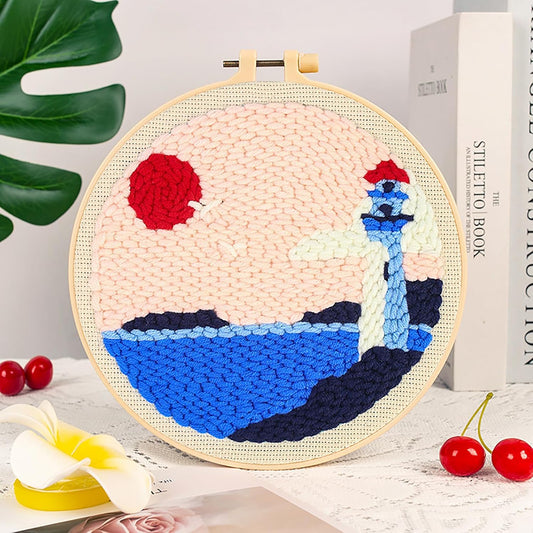 Punch Needle Kits Adults Beginner DIY Hawaiian Style 8 in Hoop Embroidery Set Starter Punch Needle Tool for Art Crafts, Ideal for All Ages, Perfect Festival Decoration & Gift (Lighthouse)
