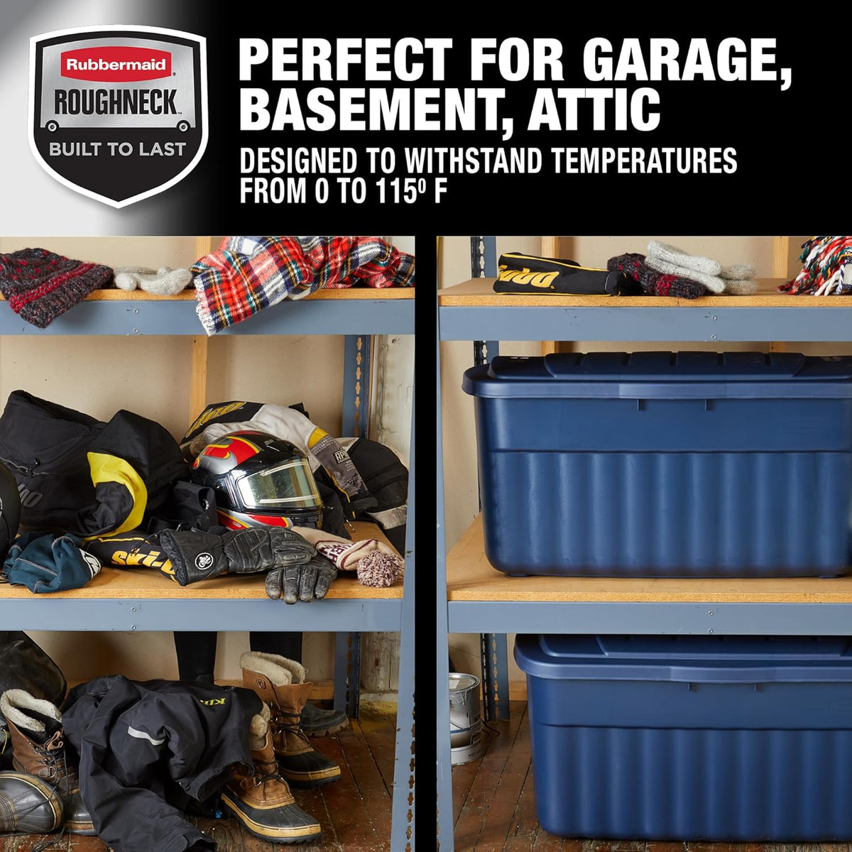 Rubbermaid Roughneck Tote 40 Gal, 2 Pack, Made in USA, Dark Indigo Metallic, Rugged Plastic Stackable Storage Bins with Lids and Handles