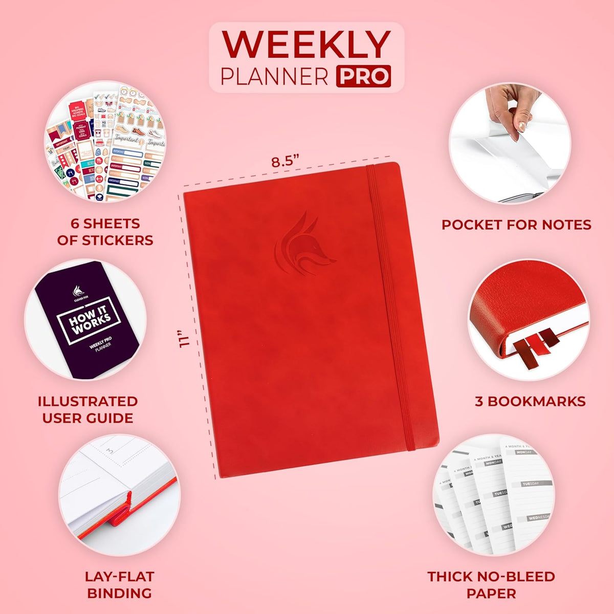 Clever Fox Planner PRO – Weekly & Monthly Life Planner to Increase Productivity, Time Management and Hit Your Goals, 8.5x11″ (Red)