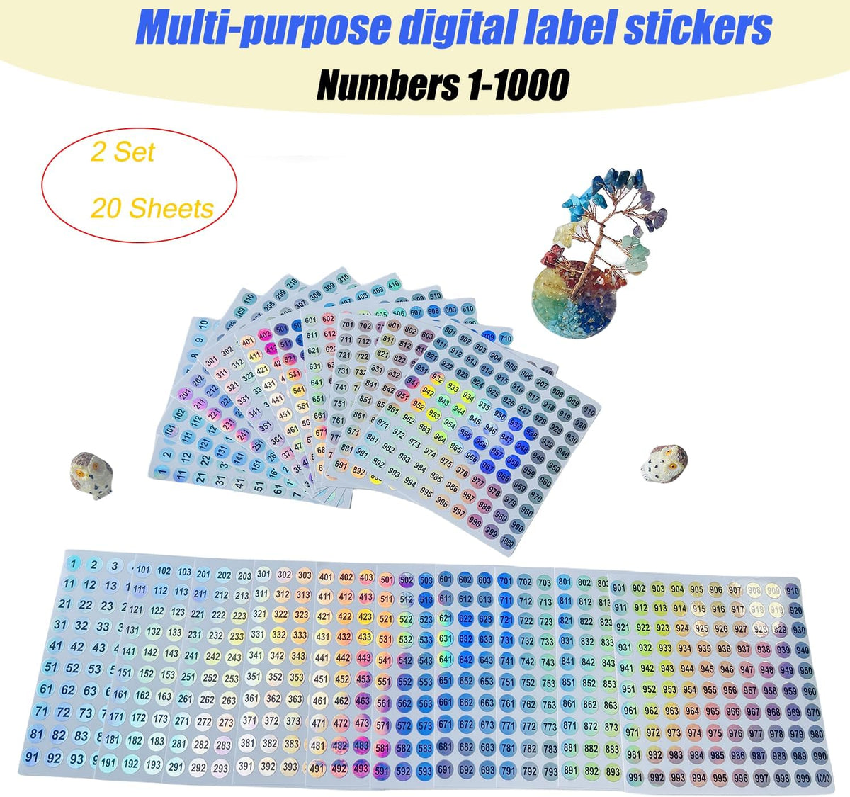 20 Sheets 1 to 1000 Waterproof Reflective Laser Number Stickers,Round Self Adhesive Stickers/Inventory/Storage Organizing Sticker