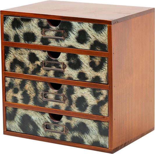 Classic Leopard Print Wooden Desk Organizer - 4-Drawer Desktop Storage - Rustic Wood Cabinet for Office Supplies, Craft Tools, & Home Organization - Luxurious Drawer Unit
