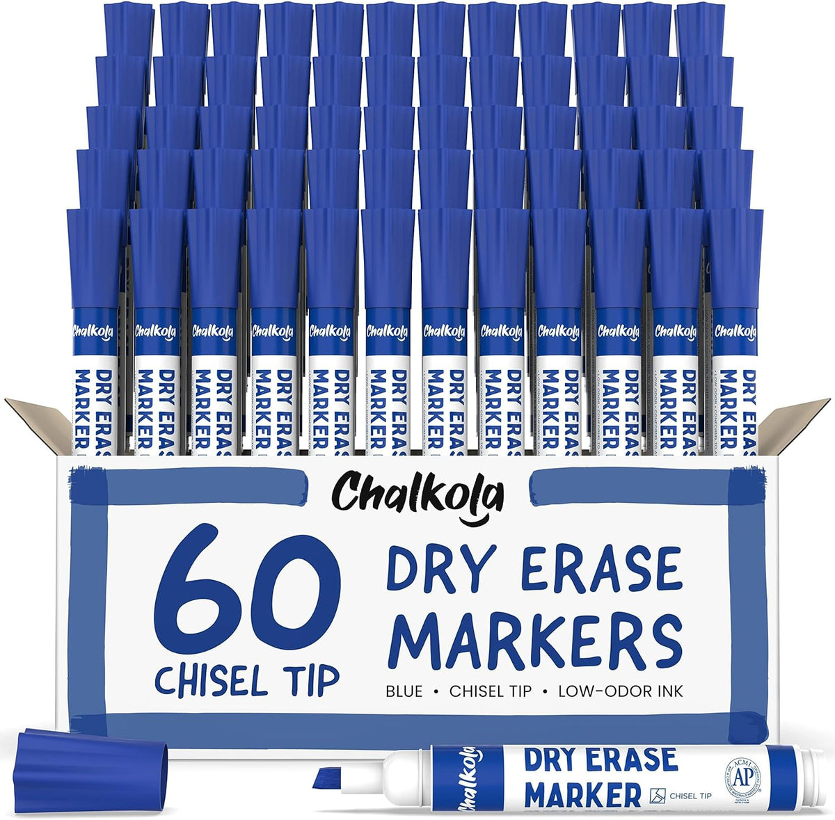 Chalkola 60 Blue Dry Erase Markers Bulk Pack, Blue Chisel Point White Dry Erase Pens - Low Odor Whiteboard Markers for Kids, Home, Office, Back to School Supplies