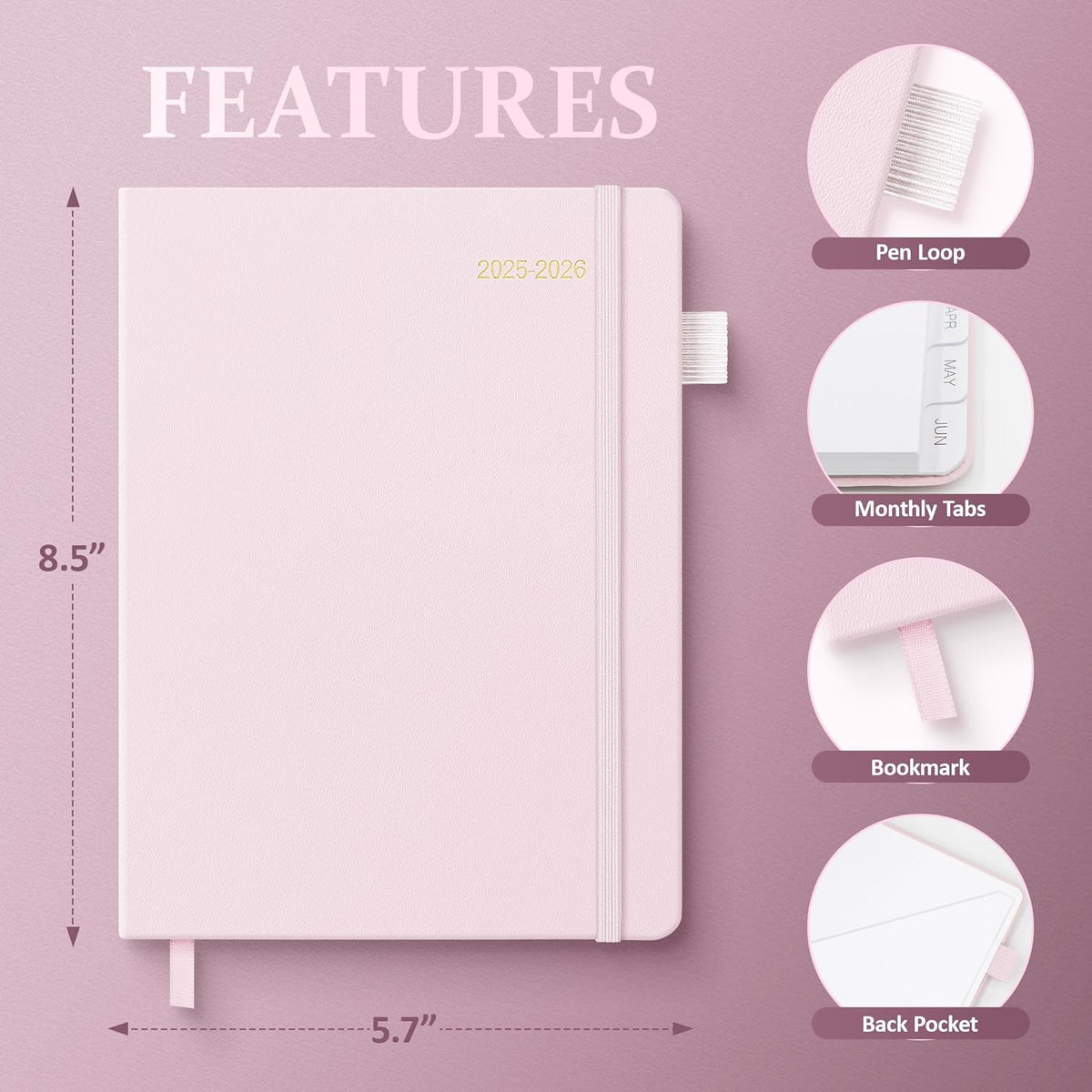 2025-2026 Planner for Women, Lather Weekly & Monthly Organizer, July 2025-June 2026, Hardcover with Gold Foil, Tabs, and Inspirational Pages - Ideal for Professionals, Pink