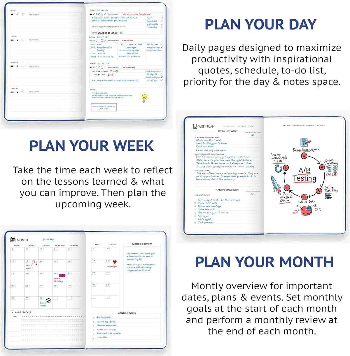 Undated Daily Planner – 1-Year B5 Productivity Organizer with Two-Page Weekly Spread, Goal Setting, Habit Tracker, Weekly & Monthly Pages – Hardcover Time Management Notebook (Blue)