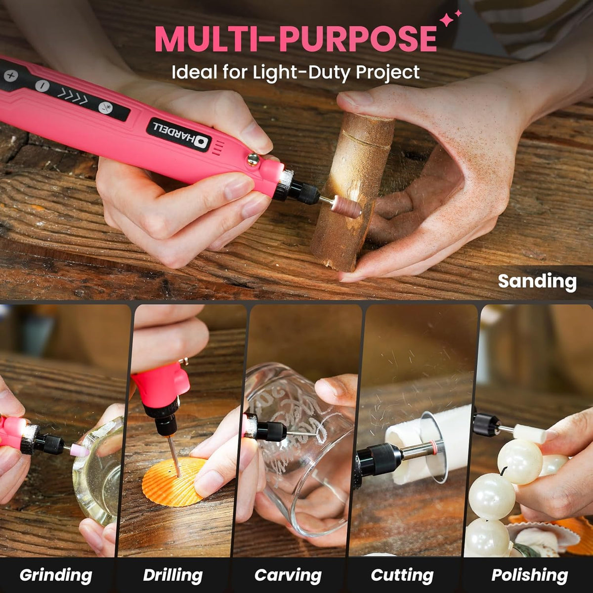 HARDELL Mini Cordless Rotary Tool, 5-Speed 3.7V Rechargeable Rotary Tool Kit with 61 Accessories, USB Charging Multi-Purpose DIY Tool for Sanding, Polishing, Drilling, Engraving, Woodworking